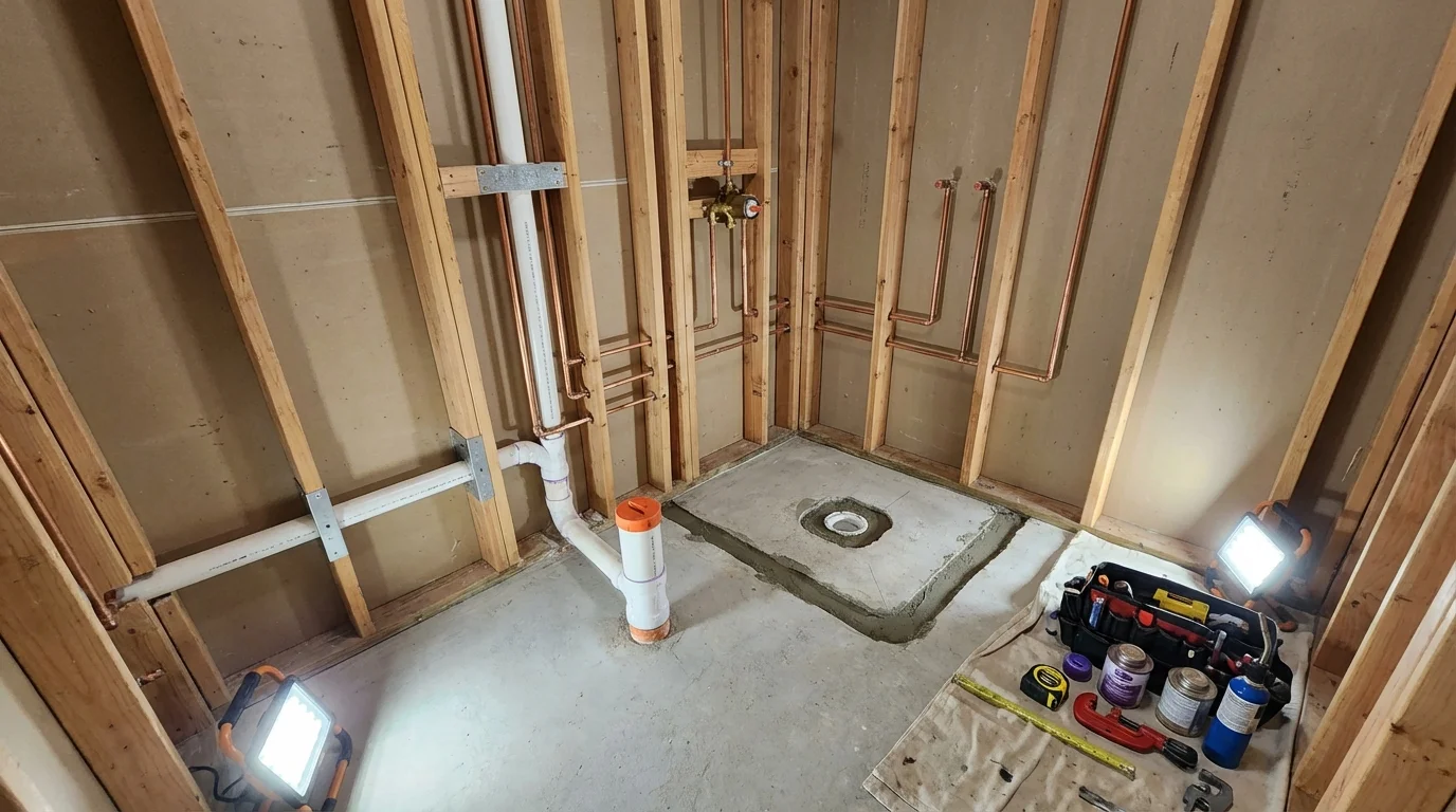 Bathroom rough-in plumbing during remodel by Johns Plumbing LLC in Mitchell