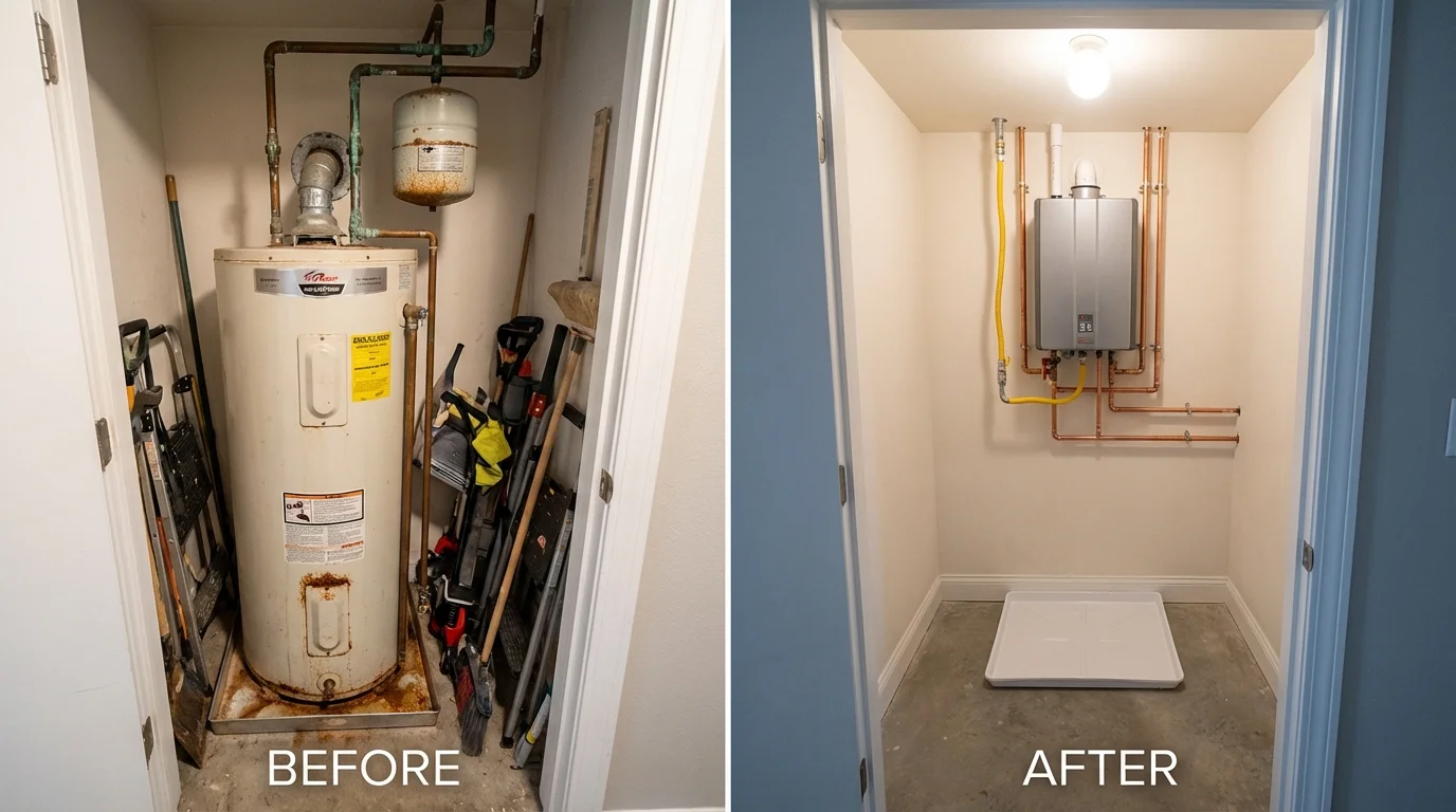 Tank water heater versus wall-mounted tankless unit comparison for Mitchell, IN homeowners