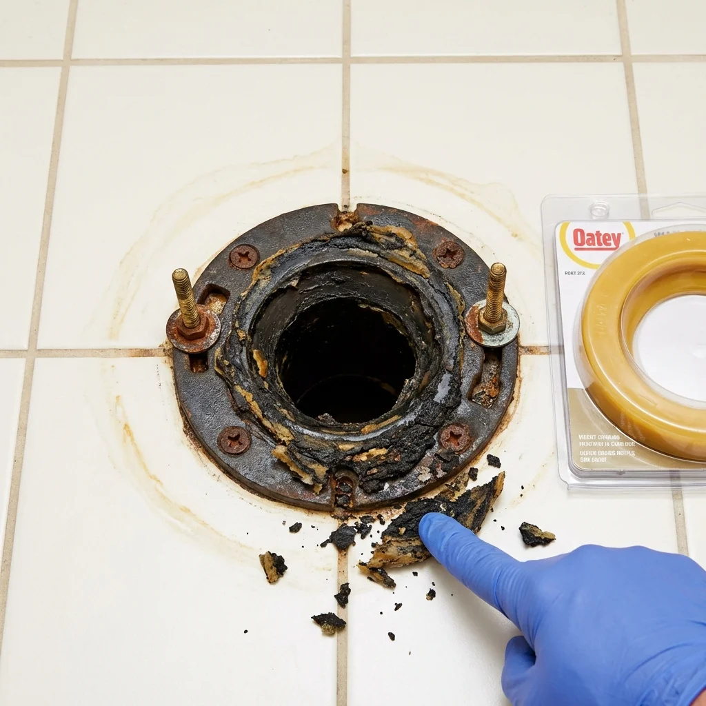 Failed wax ring showing water seepage at the base of a toilet in a Mitchell, IN home