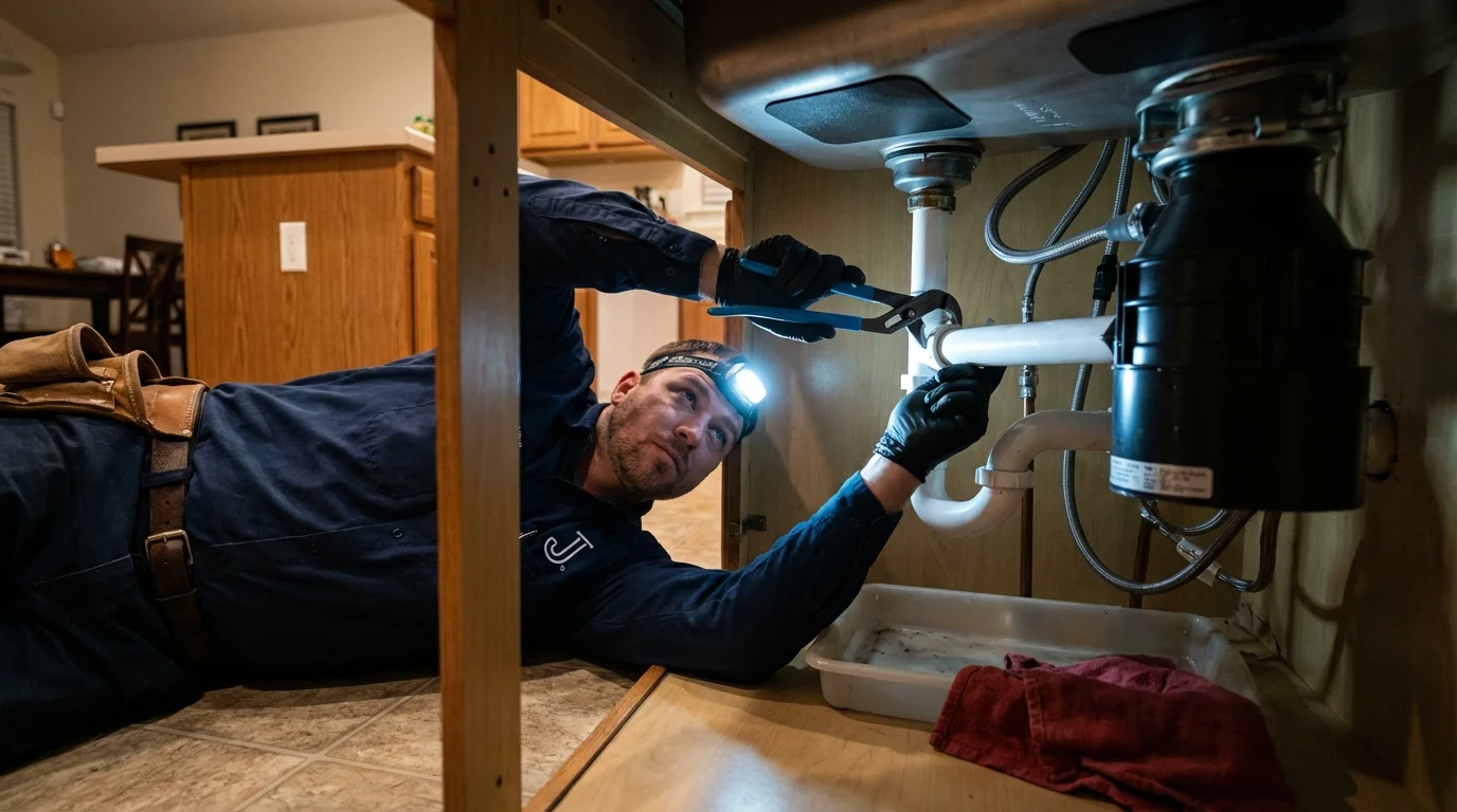 P-trap and supply line connections under a kitchen sink showing a common leak point in Mitchell, IN